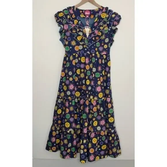 Celia B Atlas Dress Midi Navy Multi Womens New Size Medium Summer Belted - Picture 2 of 16
